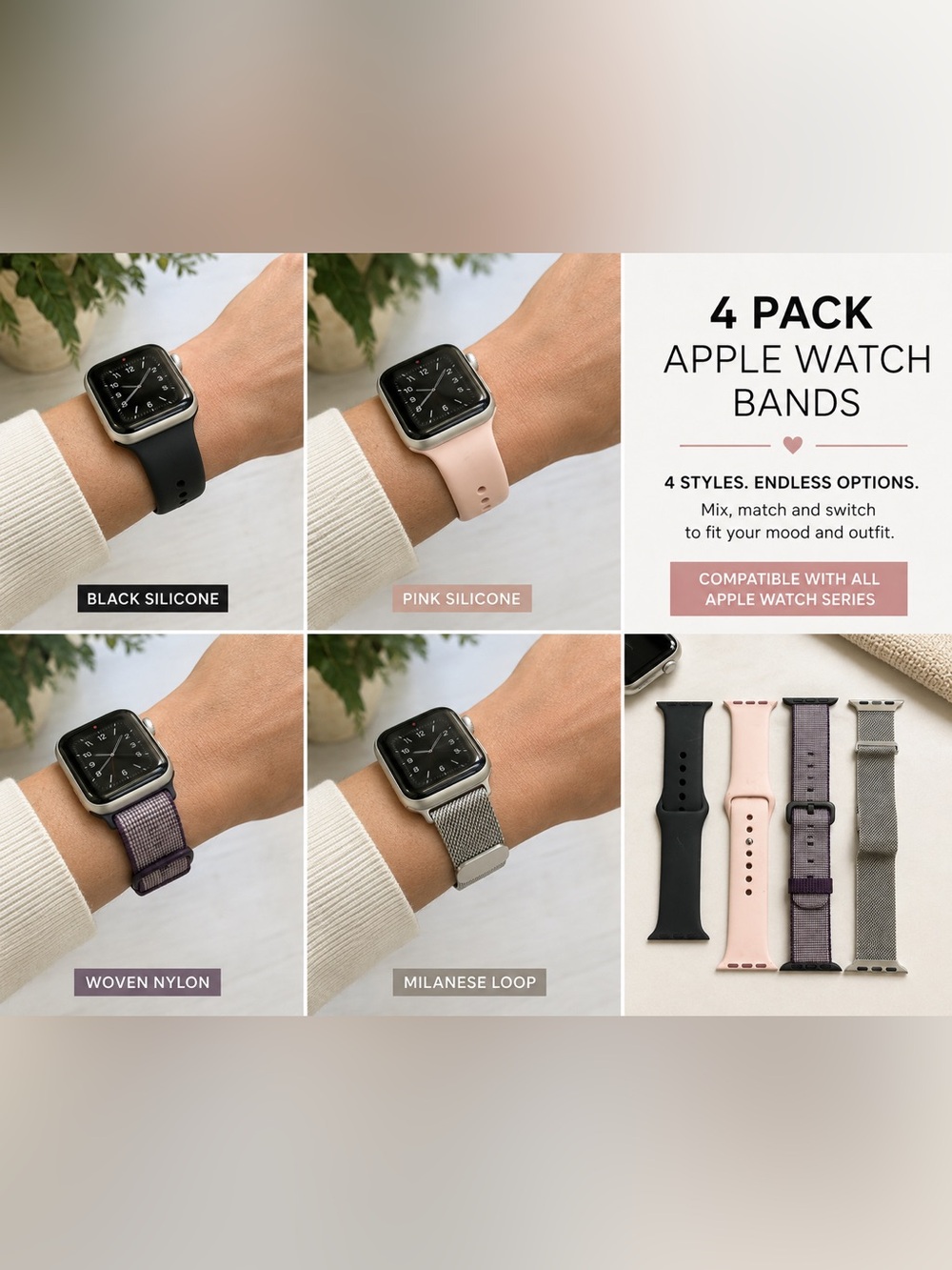 4-Pack Apple Watch Bands – Silicone, Nylon & Milanese Mesh